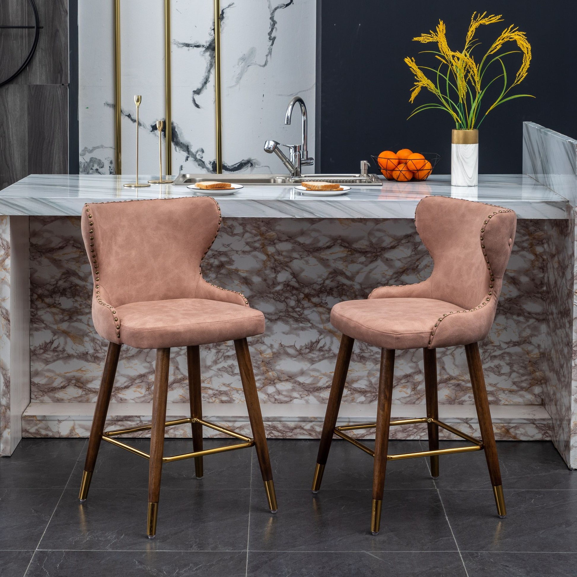 Nevis Mid-century Modern Faux Leather Tufted Nailhead Trim Counter Stool Set of 2, Pink image 1