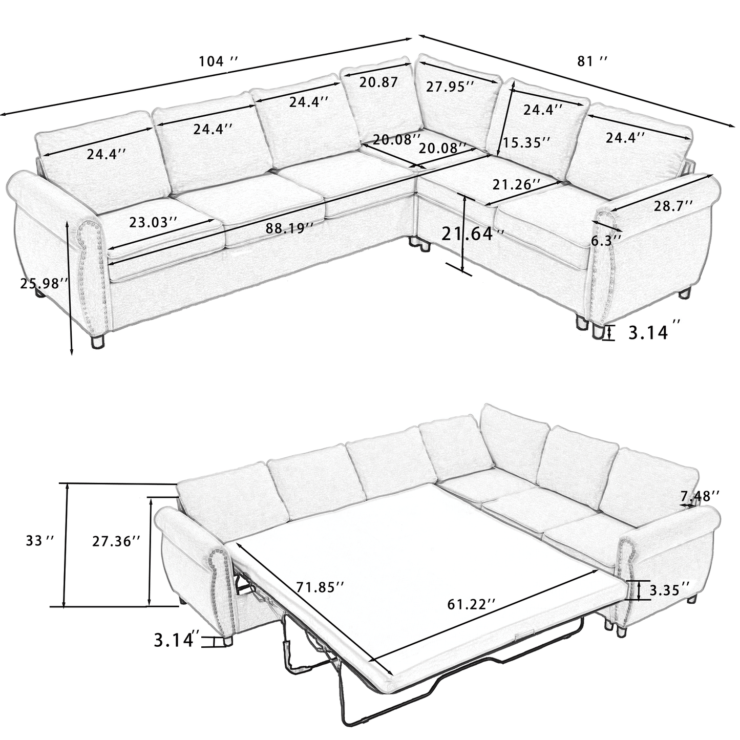 [NEW ARRIVED] [VIDEO PROVIDED]Sleeper Sofa, 2 in 1 Pull Out Couch Bed,6 seater sofa bed, L Shaped Sectional Sofa ,Rivete image 20