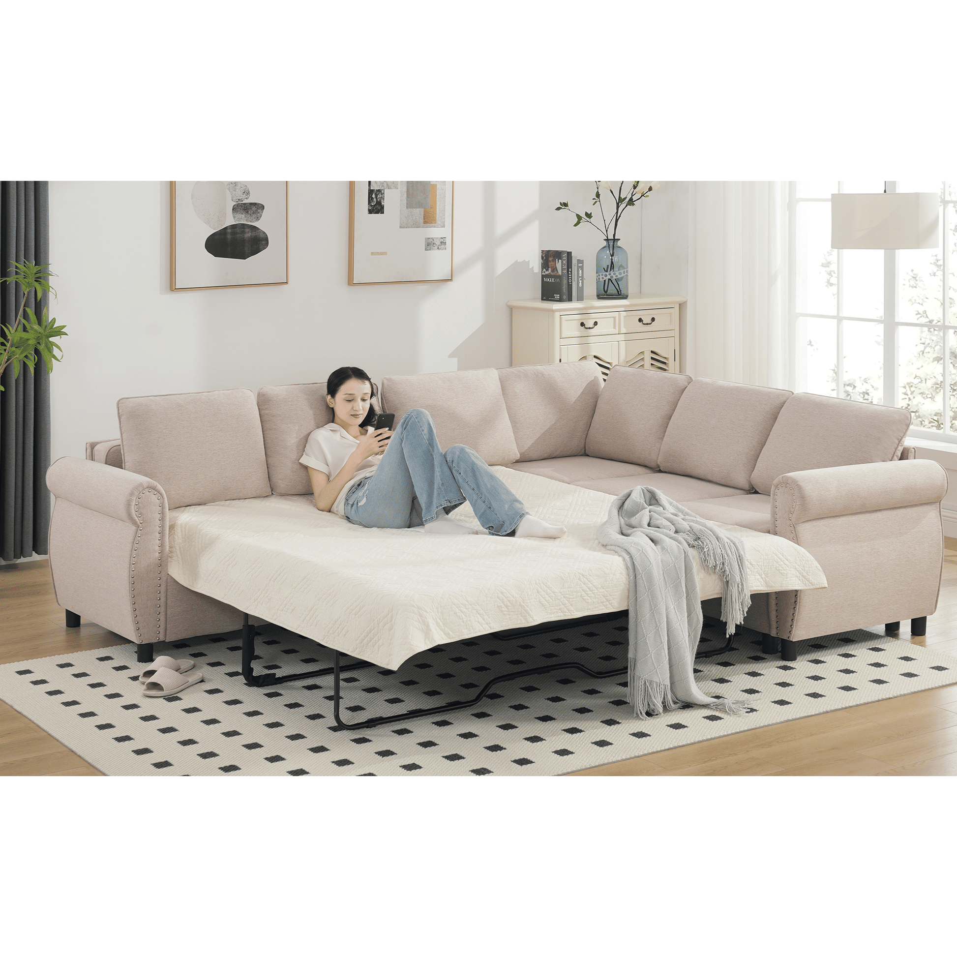 [NEW ARRIVED] [VIDEO PROVIDED]Sleeper Sofa, 2 in 1 Pull Out Couch Bed,6 seater sofa bed, L Shaped Sectional Sofa ,Rivete image 1