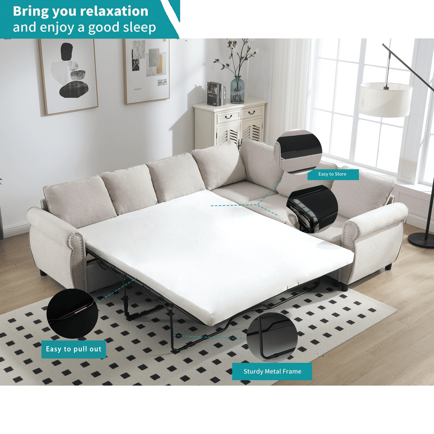 [NEW ARRIVED] [VIDEO PROVIDED]Sleeper Sofa, 2 in 1 Pull Out Couch Bed,6 seater sofa bed, L Shaped Sectional Sofa ,Rivete image 6