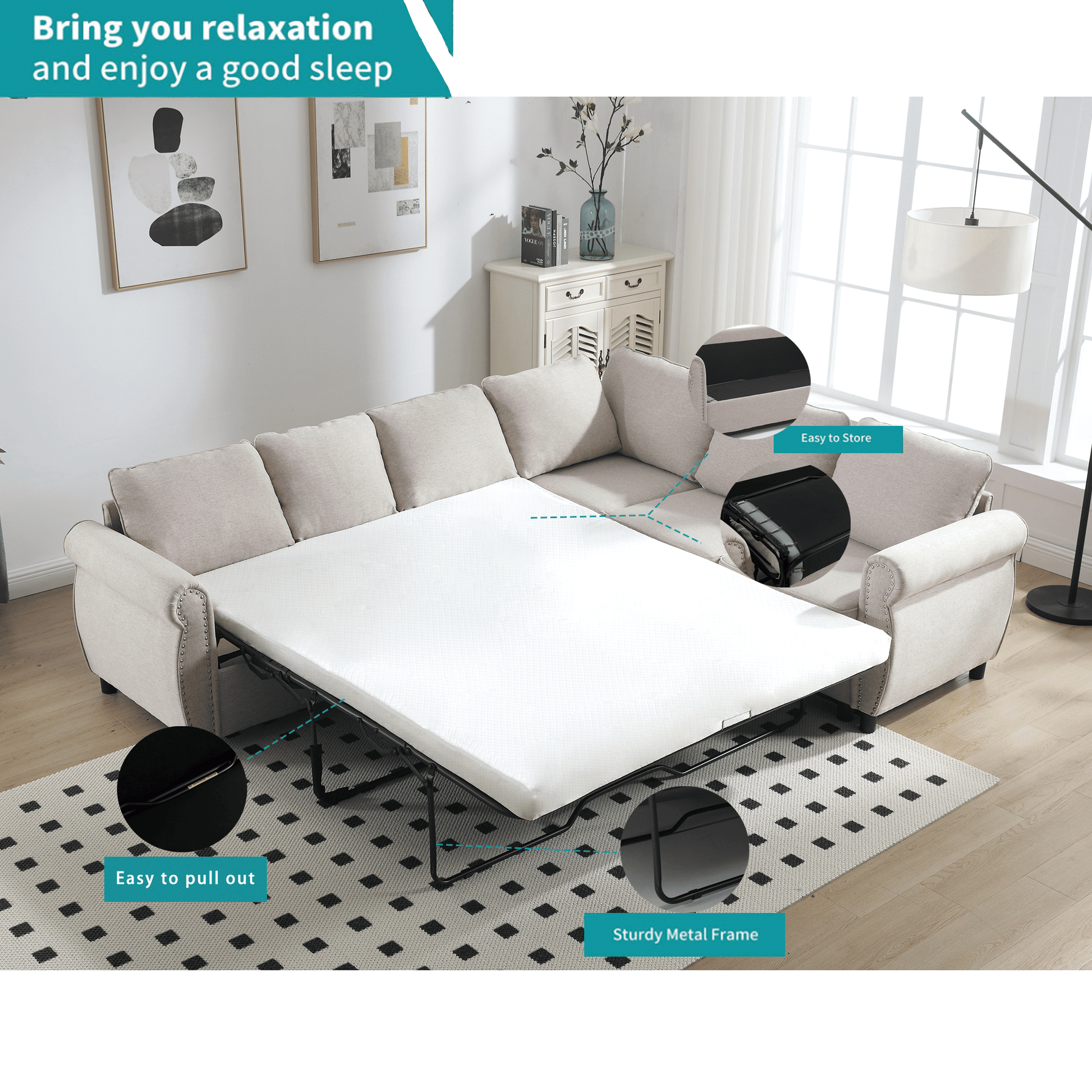 [NEW ARRIVED] [VIDEO PROVIDED]Sleeper Sofa, 2 in 1 Pull Out Couch Bed,6 seater sofa bed, L Shaped Sectional Sofa ,Rivete image 6