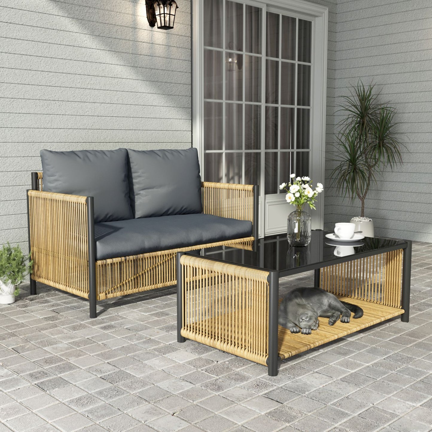 New Comming Outdoor PE Brown Wicker 2seats Sofa with Grey Cushion and Table Set image 1