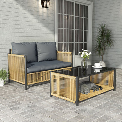 New Comming Outdoor PE Brown Wicker 2seats Sofa with Grey Cushion and Table Set image 1
