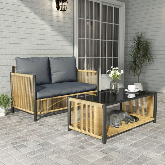 New Comming Outdoor PE Brown Wicker 2seats Sofa with Grey Cushion and Table Set image 1