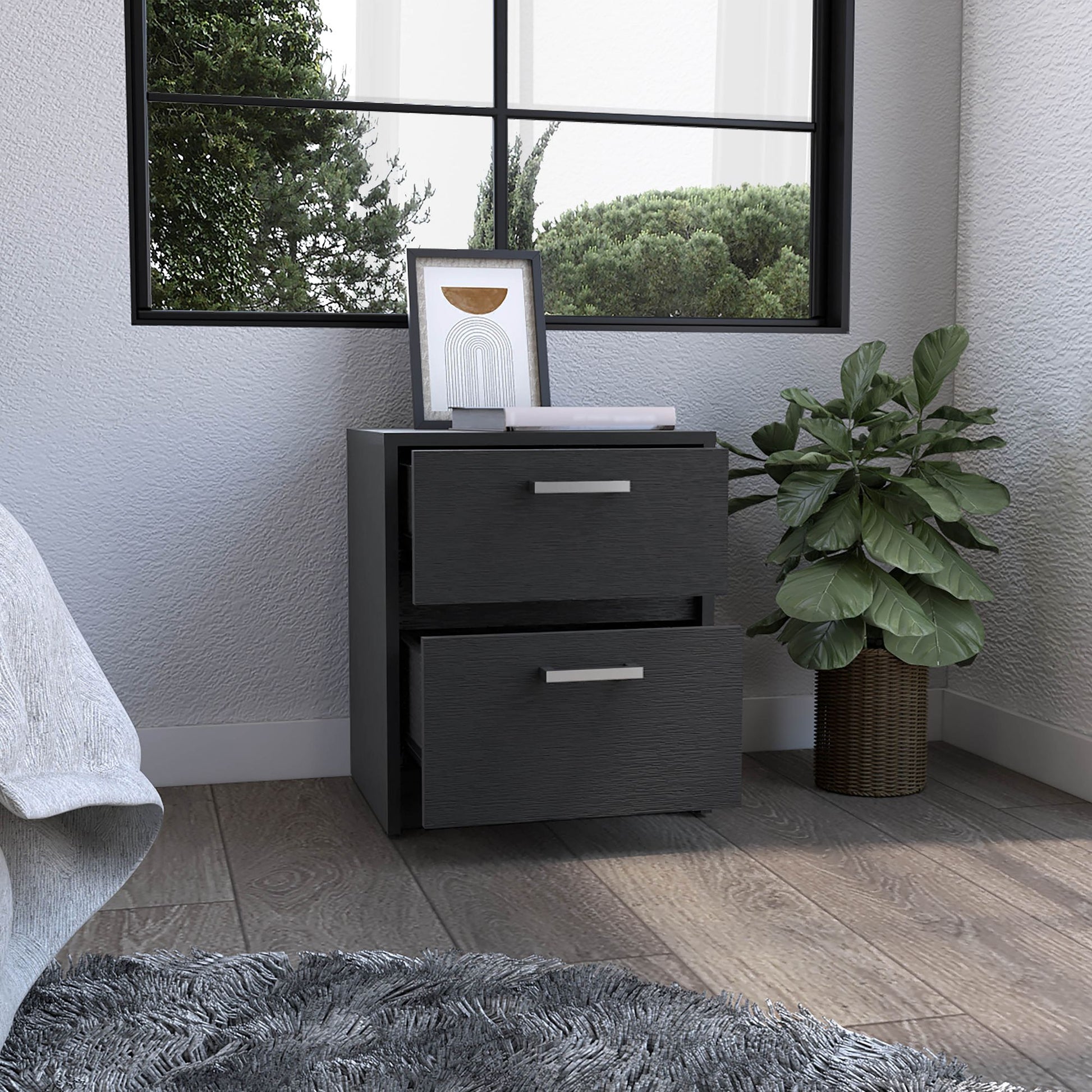 Nightstand 18"H , 2 Drawers with Metal Handles, Black image 2