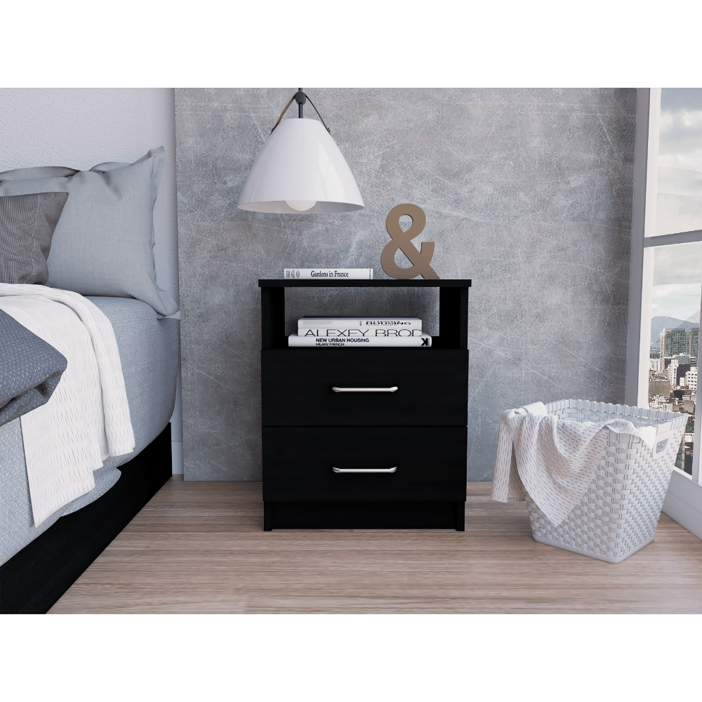 Nightstand 20"H, Two Drawers, One Shelf, Superior Top, Black image 1