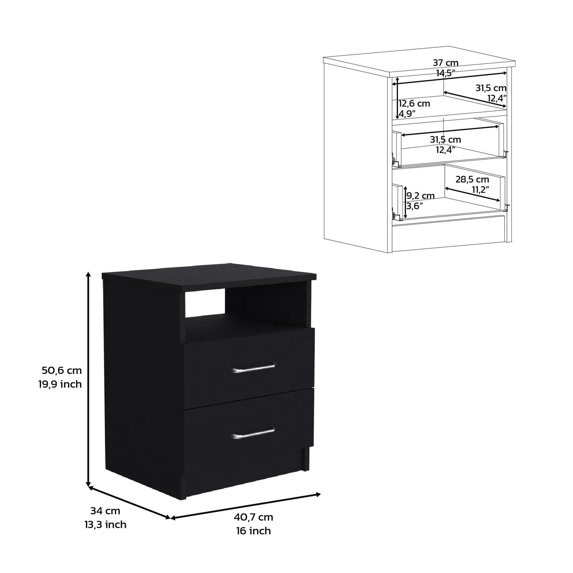 Nightstand 20"H, Two Drawers, One Shelf, Superior Top, Black image 7