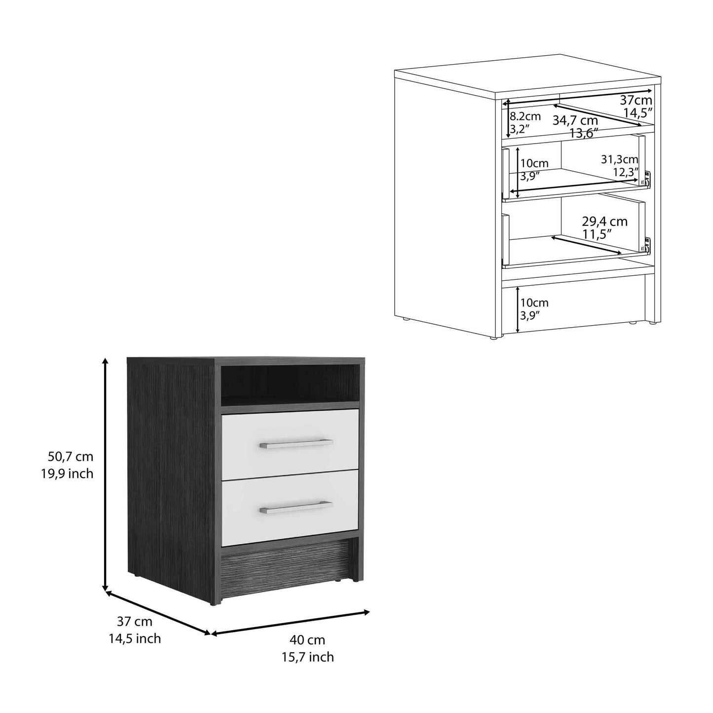 Nightstand 20"H, Two Drawers, Superior Top, Metal Handles, Smokey Oak / White image 6
