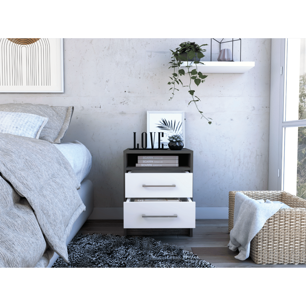 Nightstand 20"H, Two Drawers, Superior Top, Metal Handles, Smokey Oak / White image 2