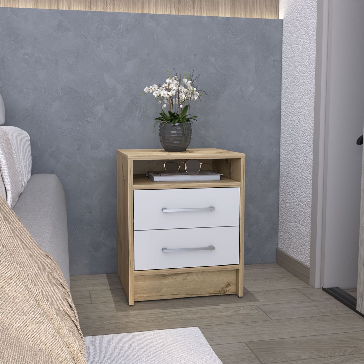 Nightstand 20"H, Two Drawers, Superior Top, Metal Handles, White / Light Oak image 1