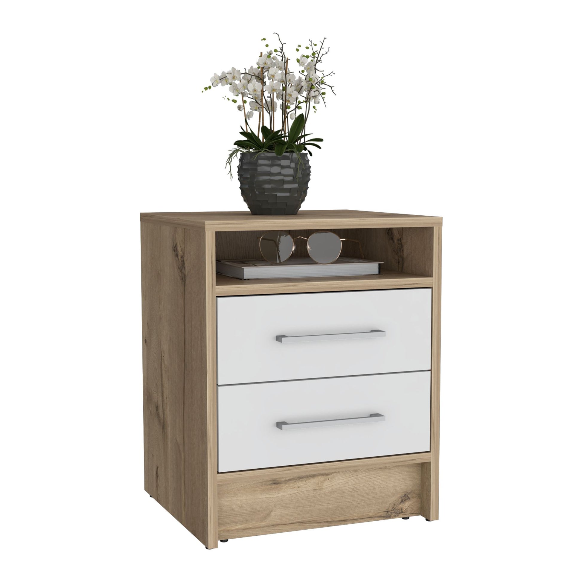 Nightstand 20"H, Two Drawers, Superior Top, Metal Handles, White / Light Oak image 6