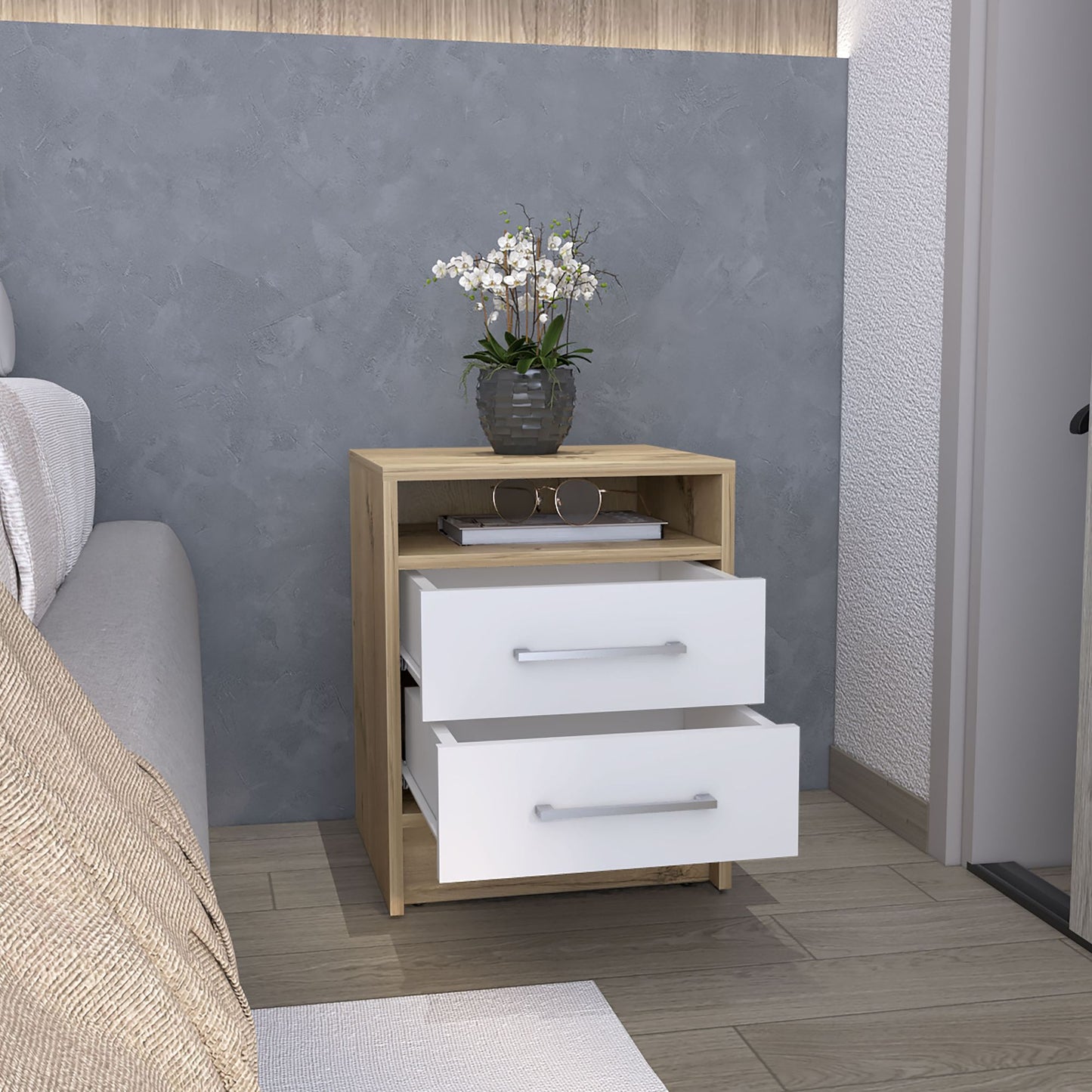 Nightstand 20"H, Two Drawers, Superior Top, Metal Handles, White / Light Oak image 2
