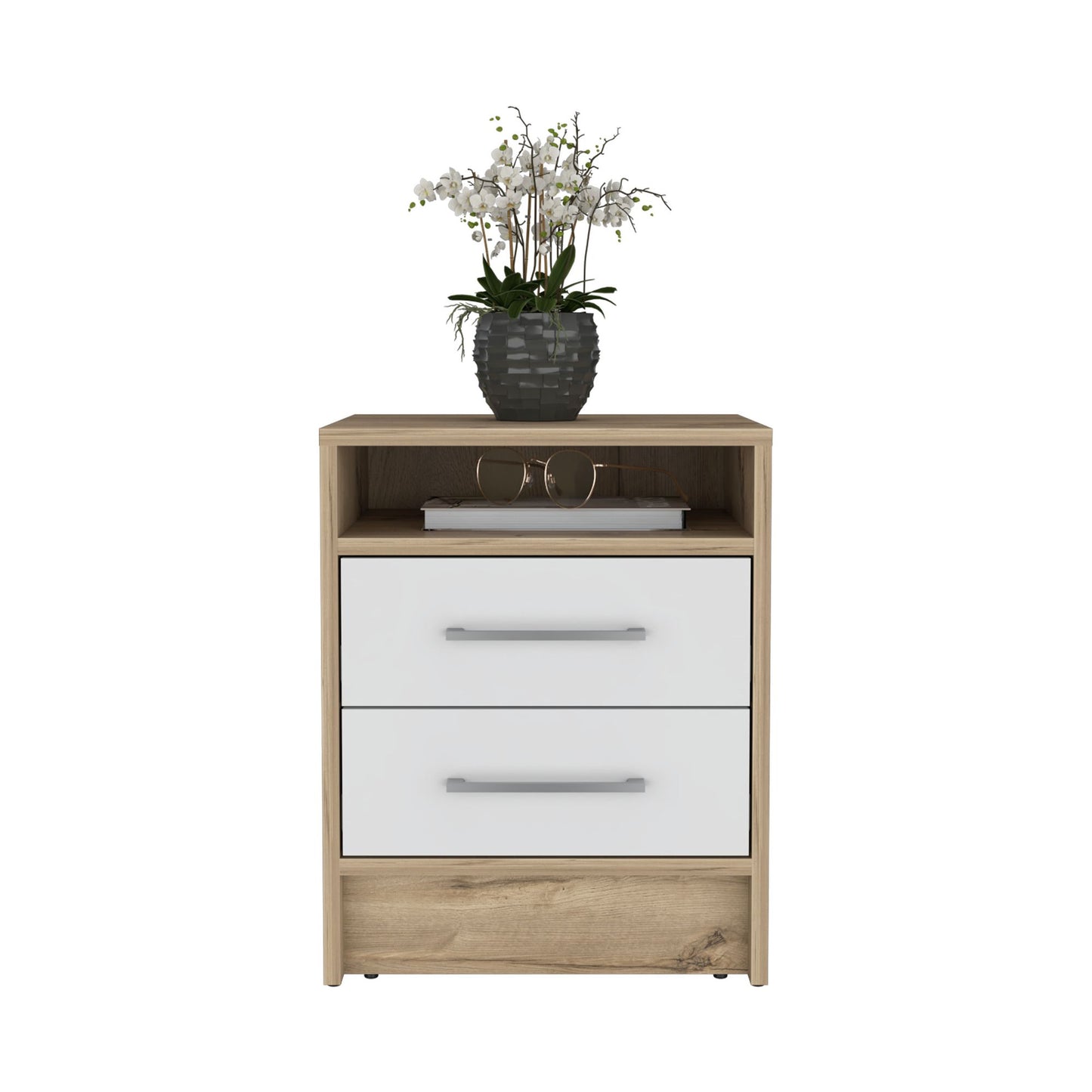 Nightstand 20"H, Two Drawers, Superior Top, Metal Handles, White / Light Oak image 4