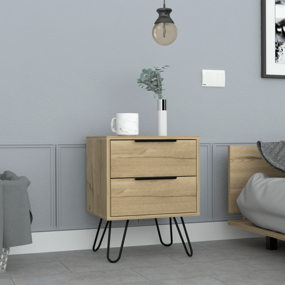 Nightstand 22" H, Four hairpin legs, Two Drawers, Light Oak image 1