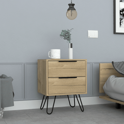 Nightstand 22" H, Four hairpin legs, Two Drawers, Light Oak image 1