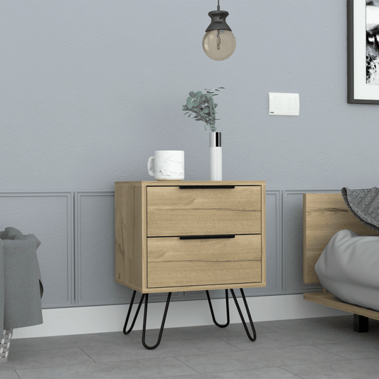 Nightstand 22" H, Four hairpin legs, Two Drawers, Light Oak image 1