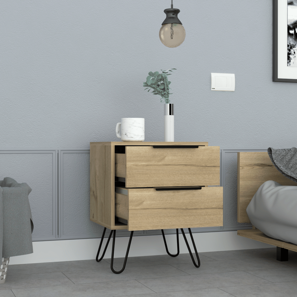 Nightstand 22" H, Four hairpin legs, Two Drawers, Light Oak image 2