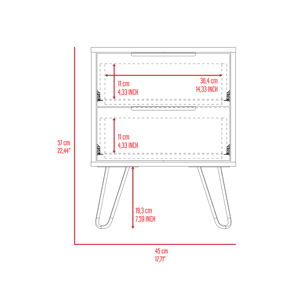 Nightstand 22" H, Four hairpin legs, Two Drawers, Light Oak image 8