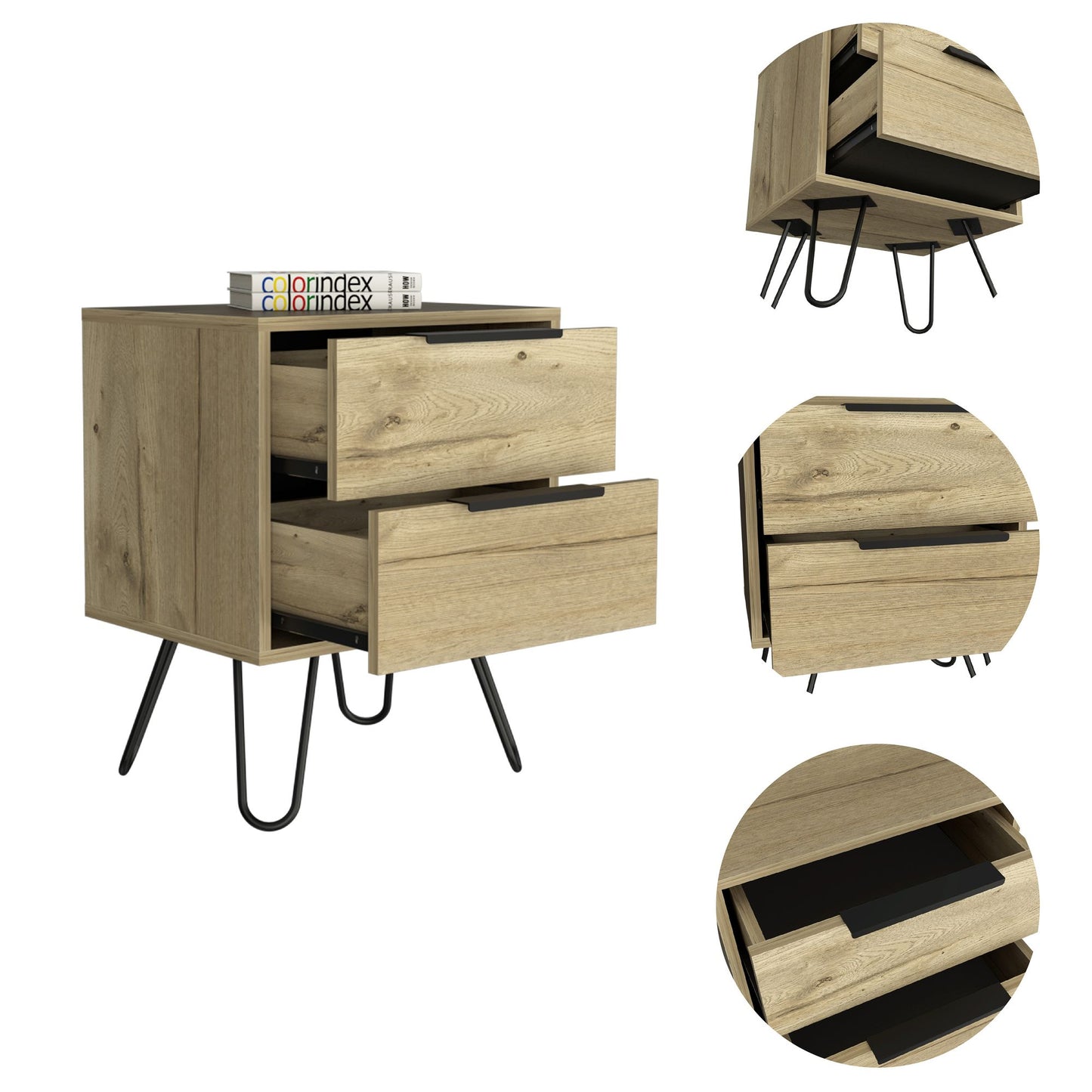 Nightstand 22" H, Four hairpin legs, Two Drawers, Light Oak image 4