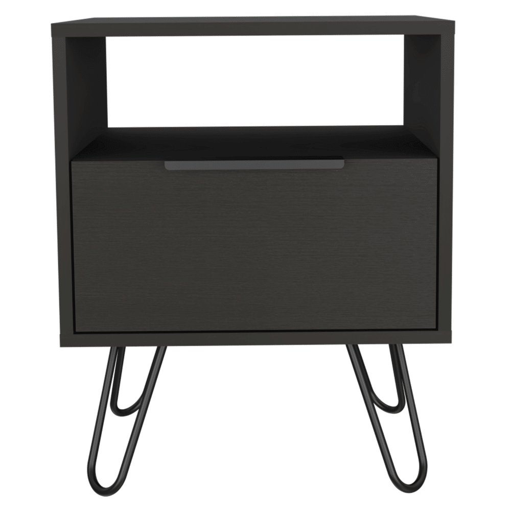 Nightstand 22"H, One Open Shelf, Single Door Cabient, Hairpin Legs, Black image 3