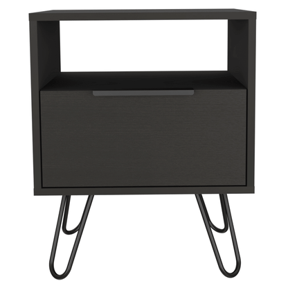 Nightstand 22"H, One Open Shelf, Single Door Cabient, Hairpin Legs, Black image 3