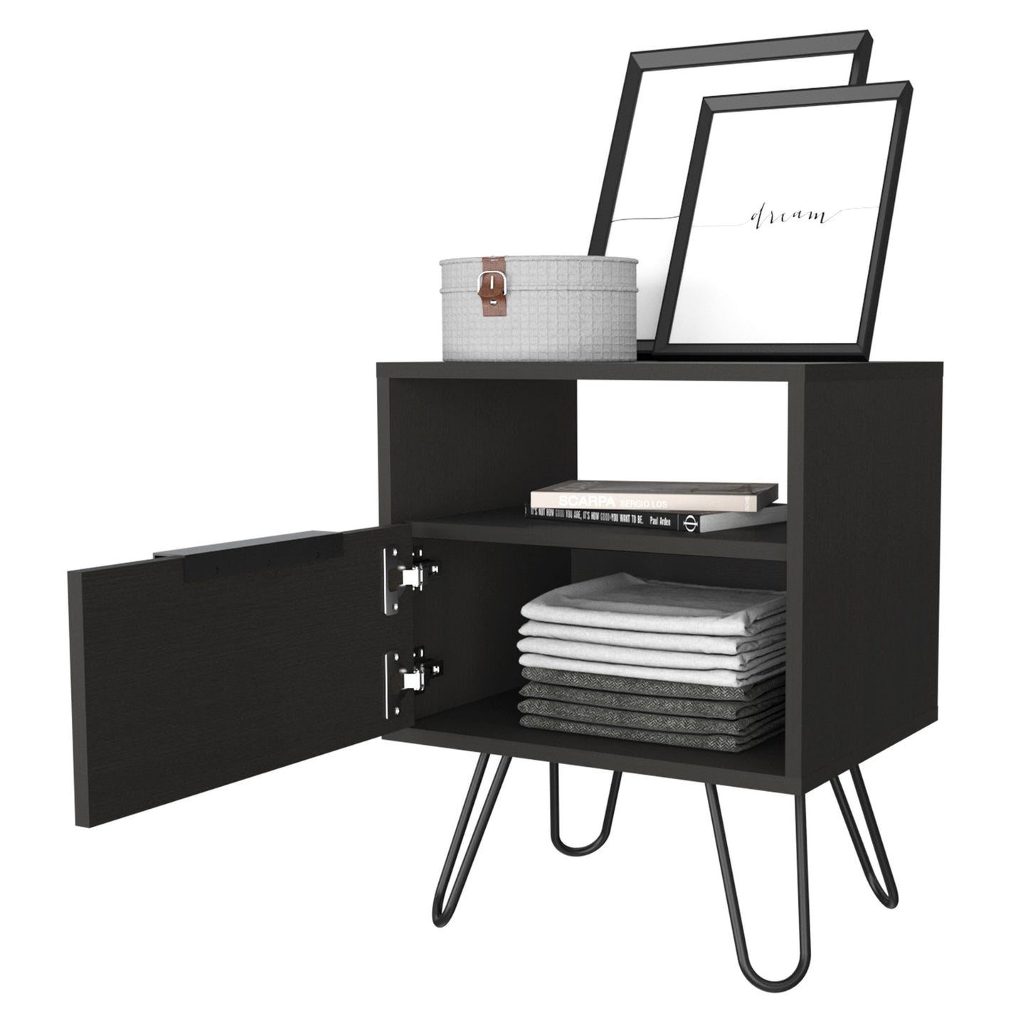 Nightstand 22"H, One Open Shelf, Single Door Cabient, Hairpin Legs, Black image 8