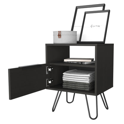 Nightstand 22"H, One Open Shelf, Single Door Cabient, Hairpin Legs, Black image 8