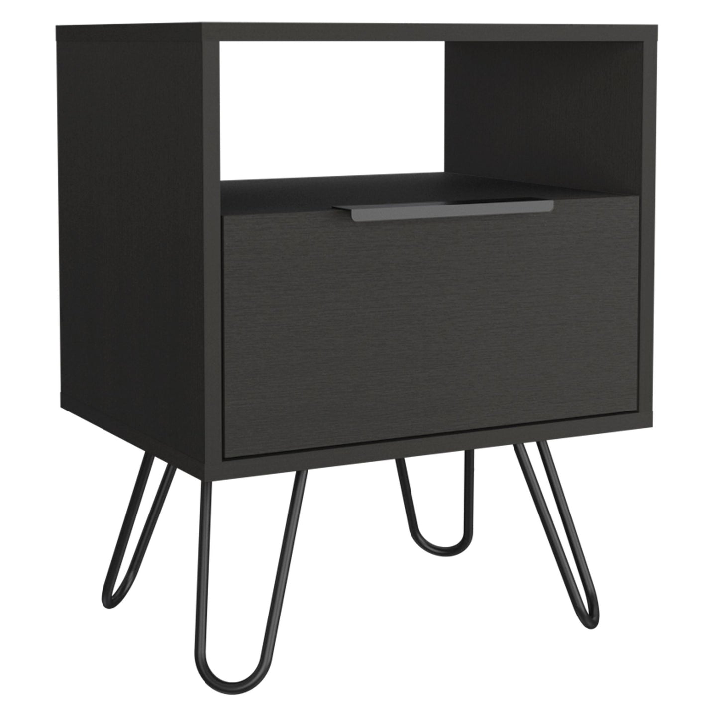 Nightstand 22"H, One Open Shelf, Single Door Cabient, Hairpin Legs, Black image 6