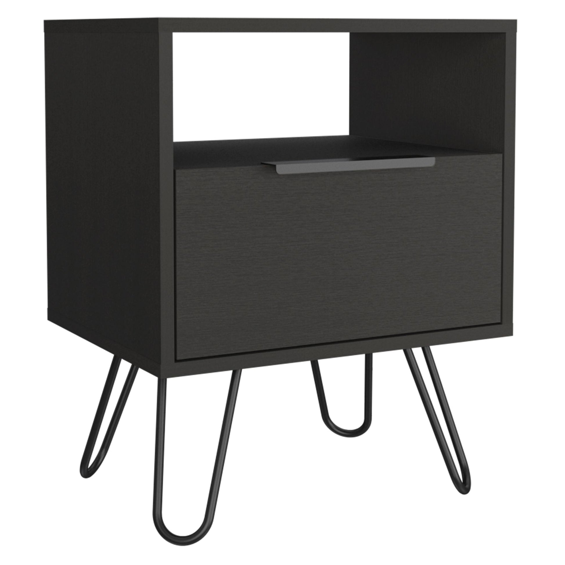 Nightstand 22"H, One Open Shelf, Single Door Cabient, Hairpin Legs, Black image 6