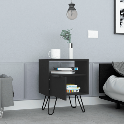 Nightstand 22"H, One Open Shelf, Single Door Cabient, Hairpin Legs, Black image 2