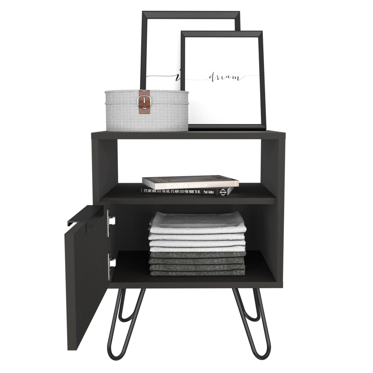 Nightstand 22"H, One Open Shelf, Single Door Cabient, Hairpin Legs, Black image 4