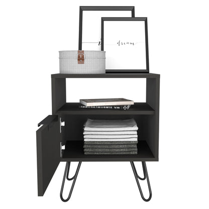 Nightstand 22"H, One Open Shelf, Single Door Cabient, Hairpin Legs, Black image 4