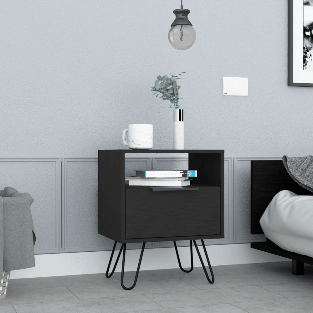 Nightstand 22"H, One Open Shelf, Single Door Cabient, Hairpin Legs, Black image 1