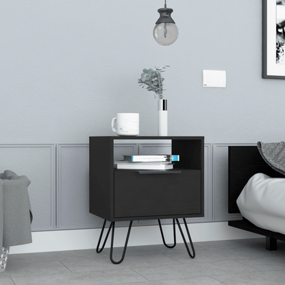 Nightstand 22"H, One Open Shelf, Single Door Cabient, Hairpin Legs, Black image 1