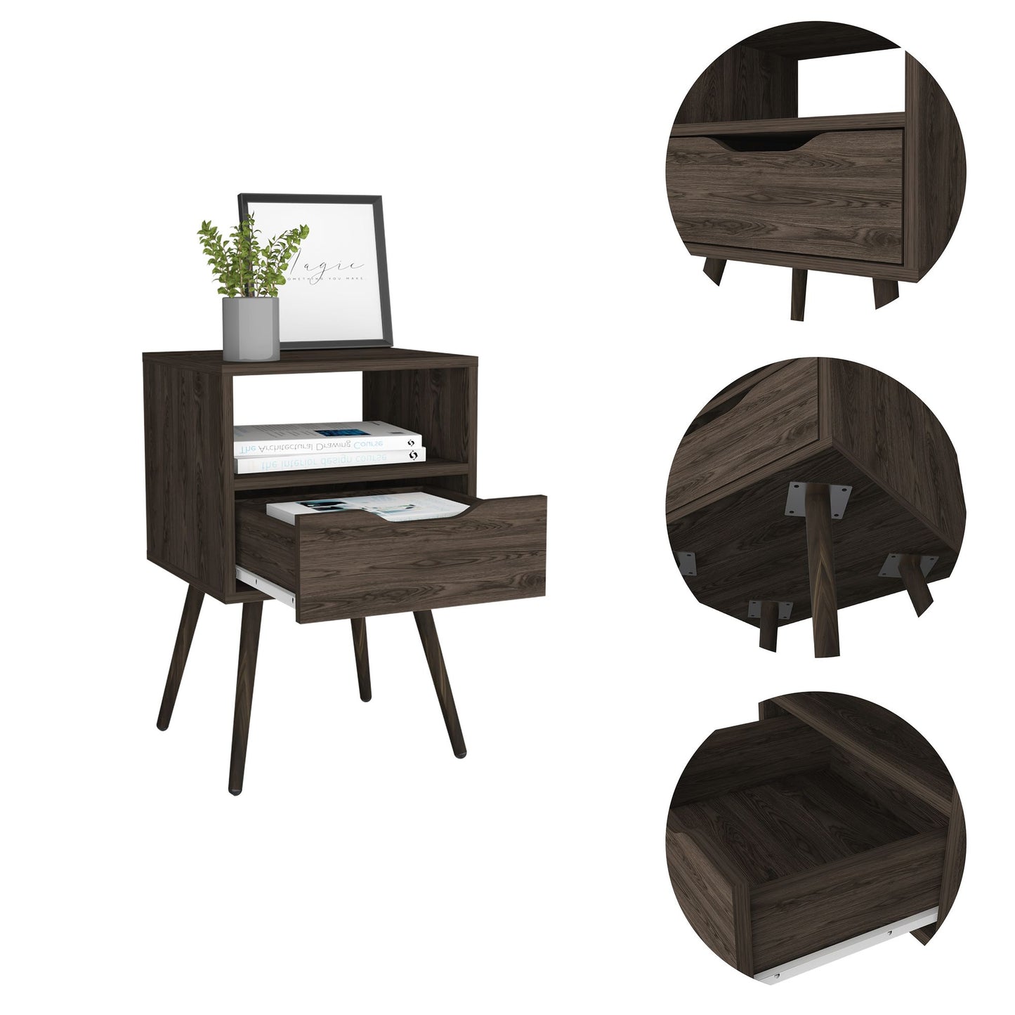 Nightstand 25"H, Superior Top, Four Legs, One Open Shelf, One Drawer, Dark Walnut image 7