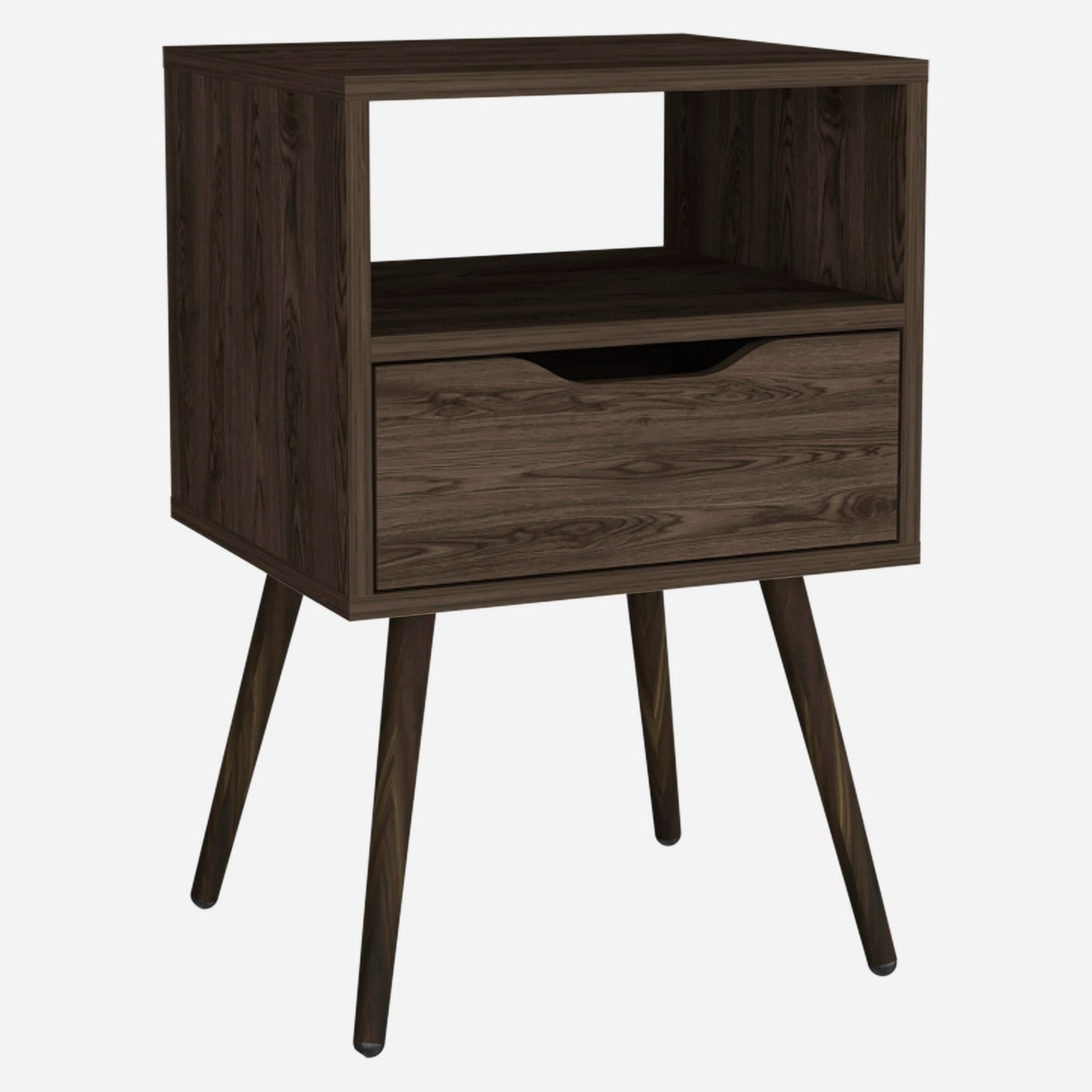 Nightstand 25"H, Superior Top, Four Legs, One Open Shelf, One Drawer, Dark Walnut image 6