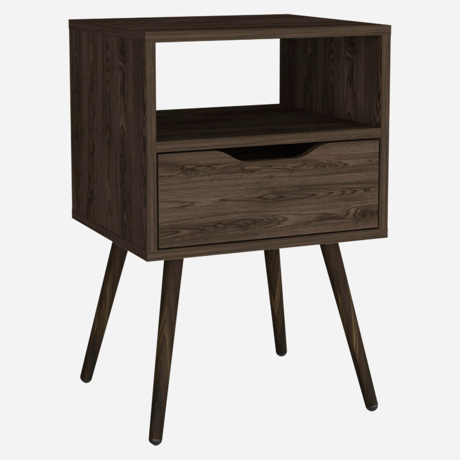 Nightstand 25"H, Superior Top, Four Legs, One Open Shelf, One Drawer, Dark Walnut image 6