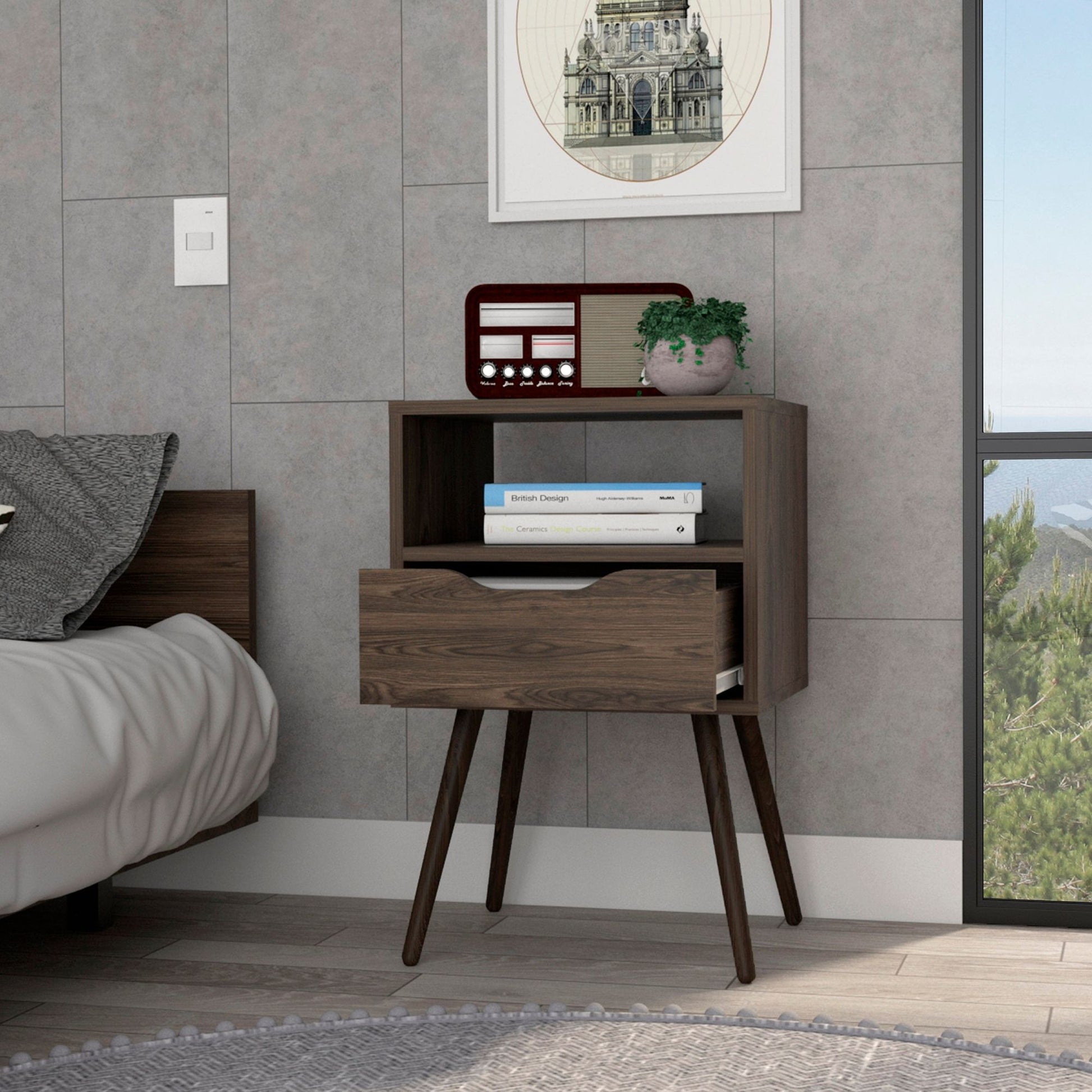 Nightstand 25"H, Superior Top, Four Legs, One Open Shelf, One Drawer, Dark Walnut image 2