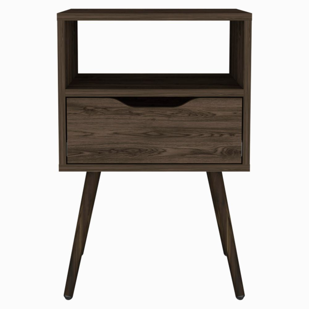 Nightstand 25"H, Superior Top, Four Legs, One Open Shelf, One Drawer, Dark Walnut image 3