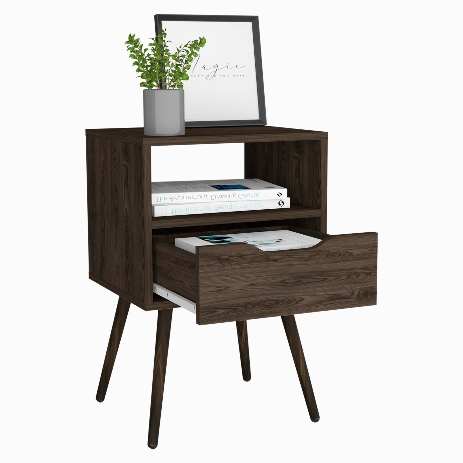 Nightstand 25"H, Superior Top, Four Legs, One Open Shelf, One Drawer, Dark Walnut image 5