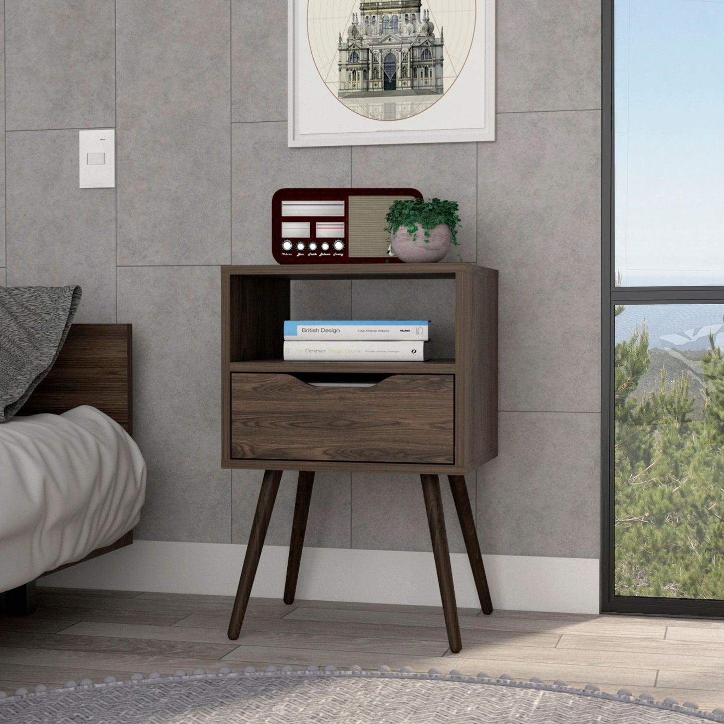 Nightstand 25"H, Superior Top, Four Legs, One Open Shelf, One Drawer, Dark Walnut image 1