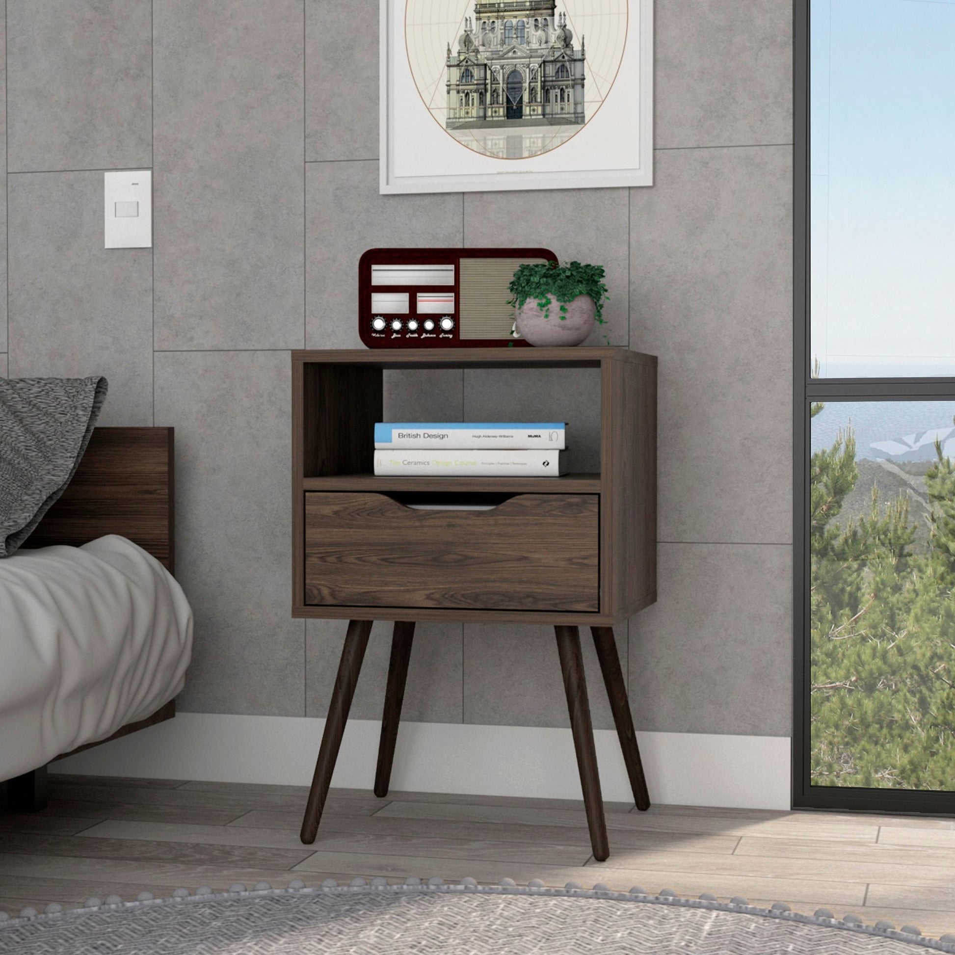 Nightstand 25"H, Superior Top, Four Legs, One Open Shelf, One Drawer, Dark Walnut image 1