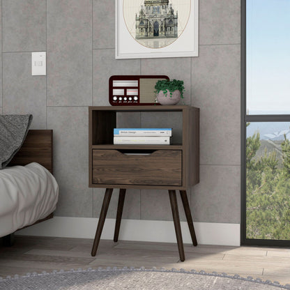 Nightstand 25"H, Superior Top, Four Legs, One Open Shelf, One Drawer, Dark Walnut image 1