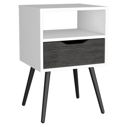 Nightstand 25"H, Superior Top, Four Legs, One Open Shelf, One Drawer, Smokey Oak / White image 3