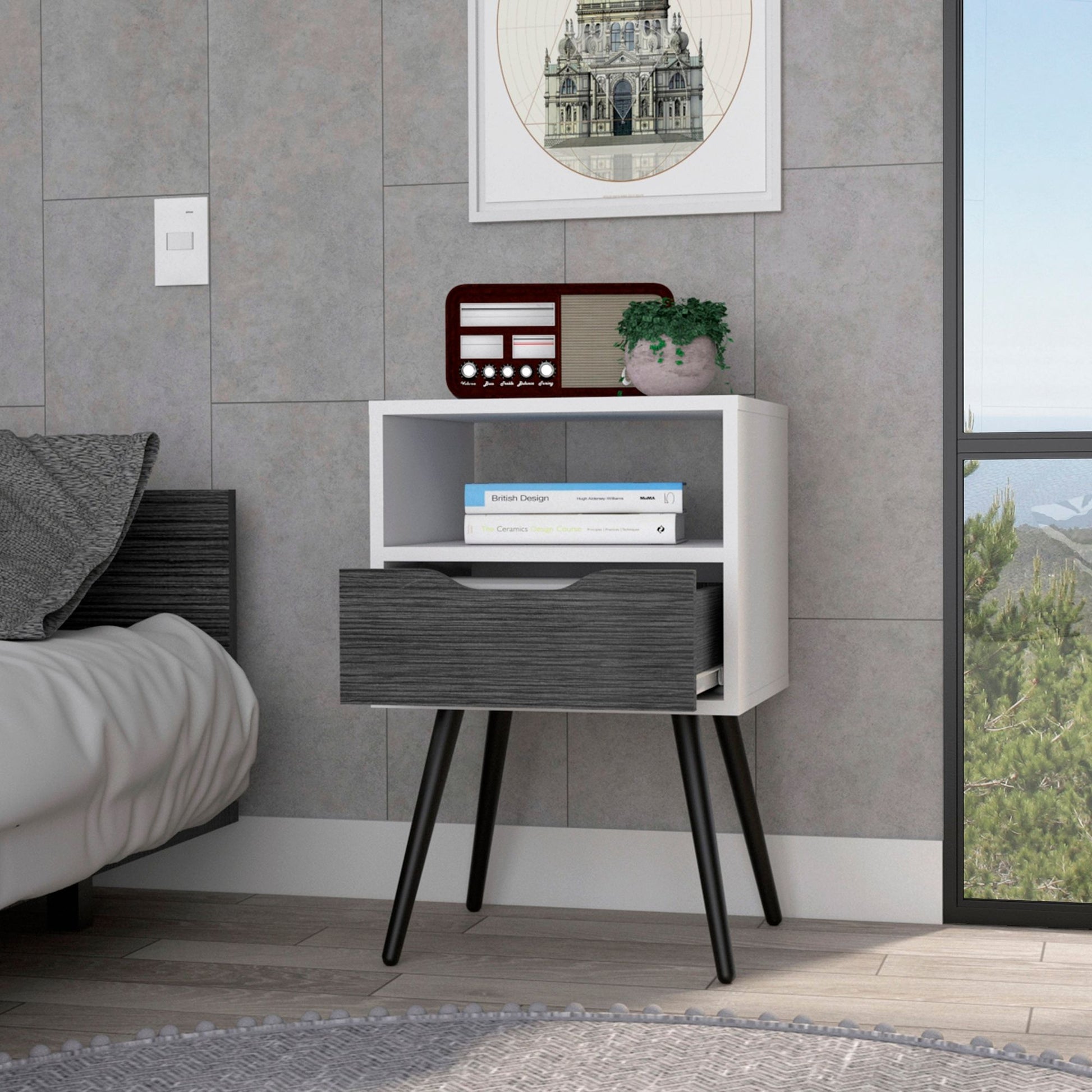 Nightstand 25"H, Superior Top, Four Legs, One Open Shelf, One Drawer, Smokey Oak / White image 2