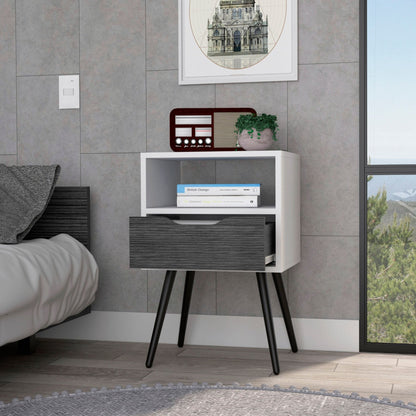 Nightstand 25"H, Superior Top, Four Legs, One Open Shelf, One Drawer, Smokey Oak / White image 2