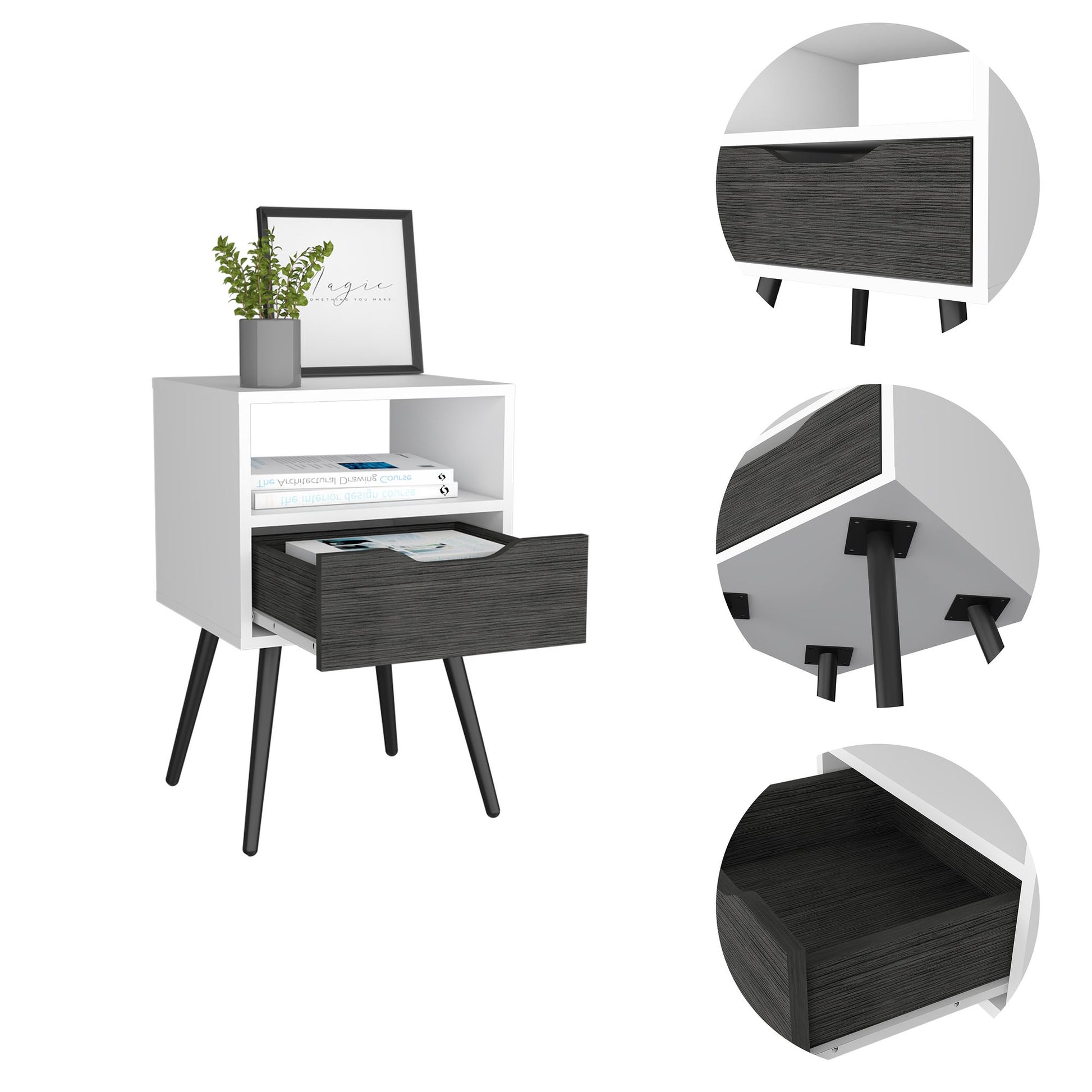 Nightstand 25"H, Superior Top, Four Legs, One Open Shelf, One Drawer, Smokey Oak / White image 5