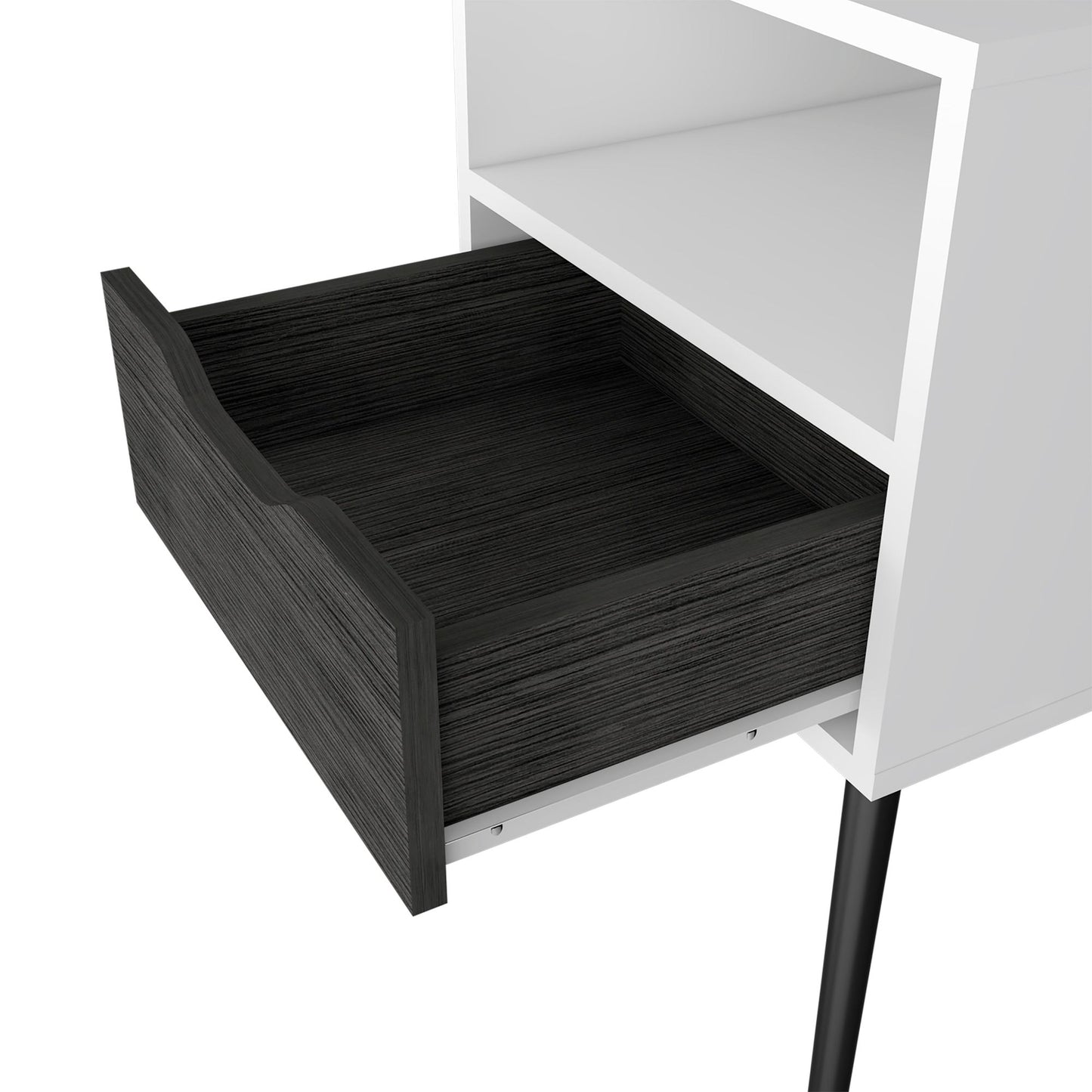 Nightstand 25"H, Superior Top, Four Legs, One Open Shelf, One Drawer, Smokey Oak / White image 4