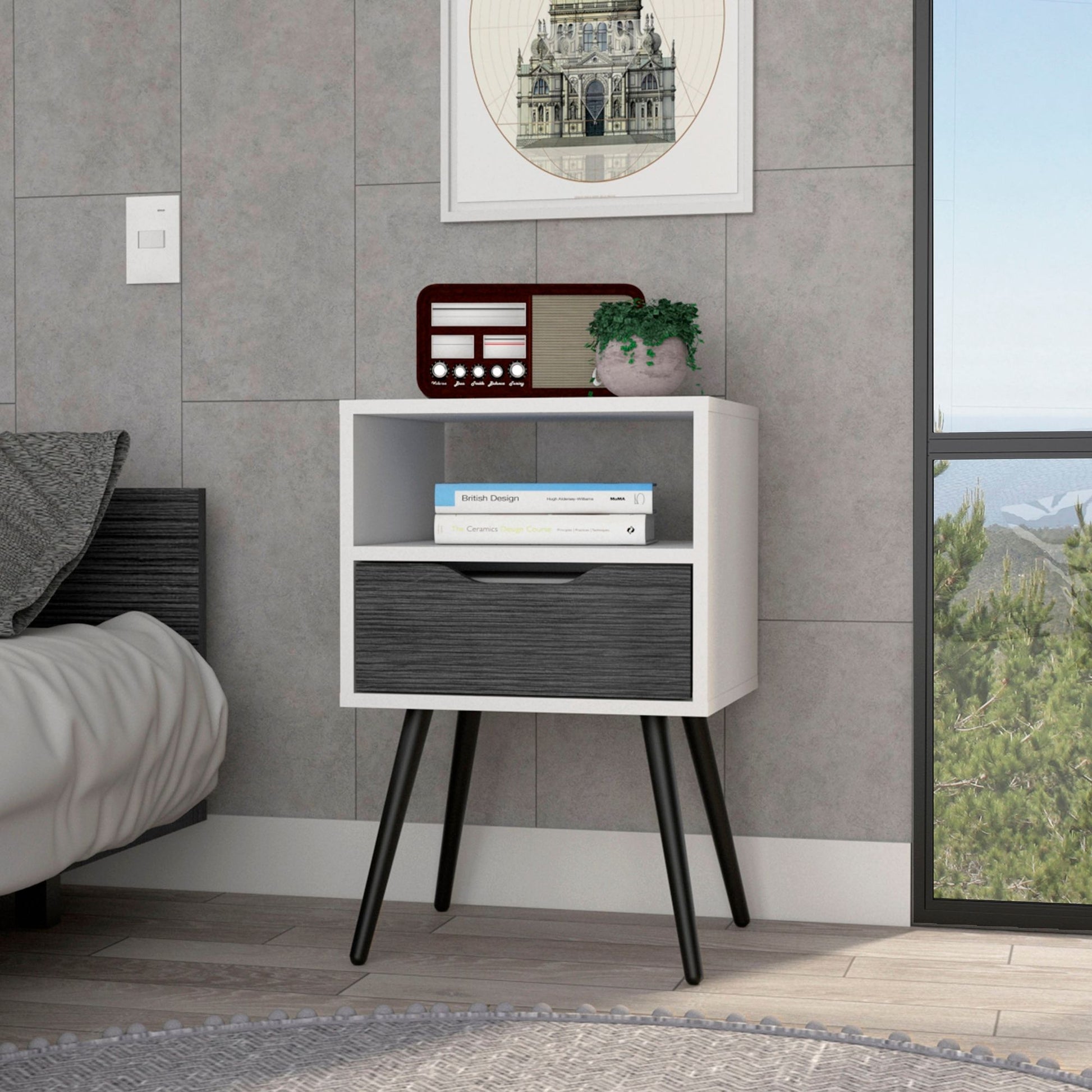 Nightstand 25"H, Superior Top, Four Legs, One Open Shelf, One Drawer, Smokey Oak / White image 1