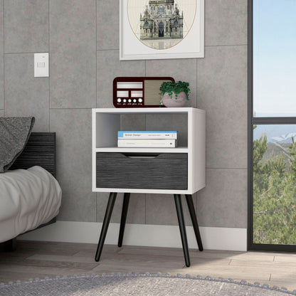 Nightstand 25"H, Superior Top, Four Legs, One Open Shelf, One Drawer, Smokey Oak / White image 1